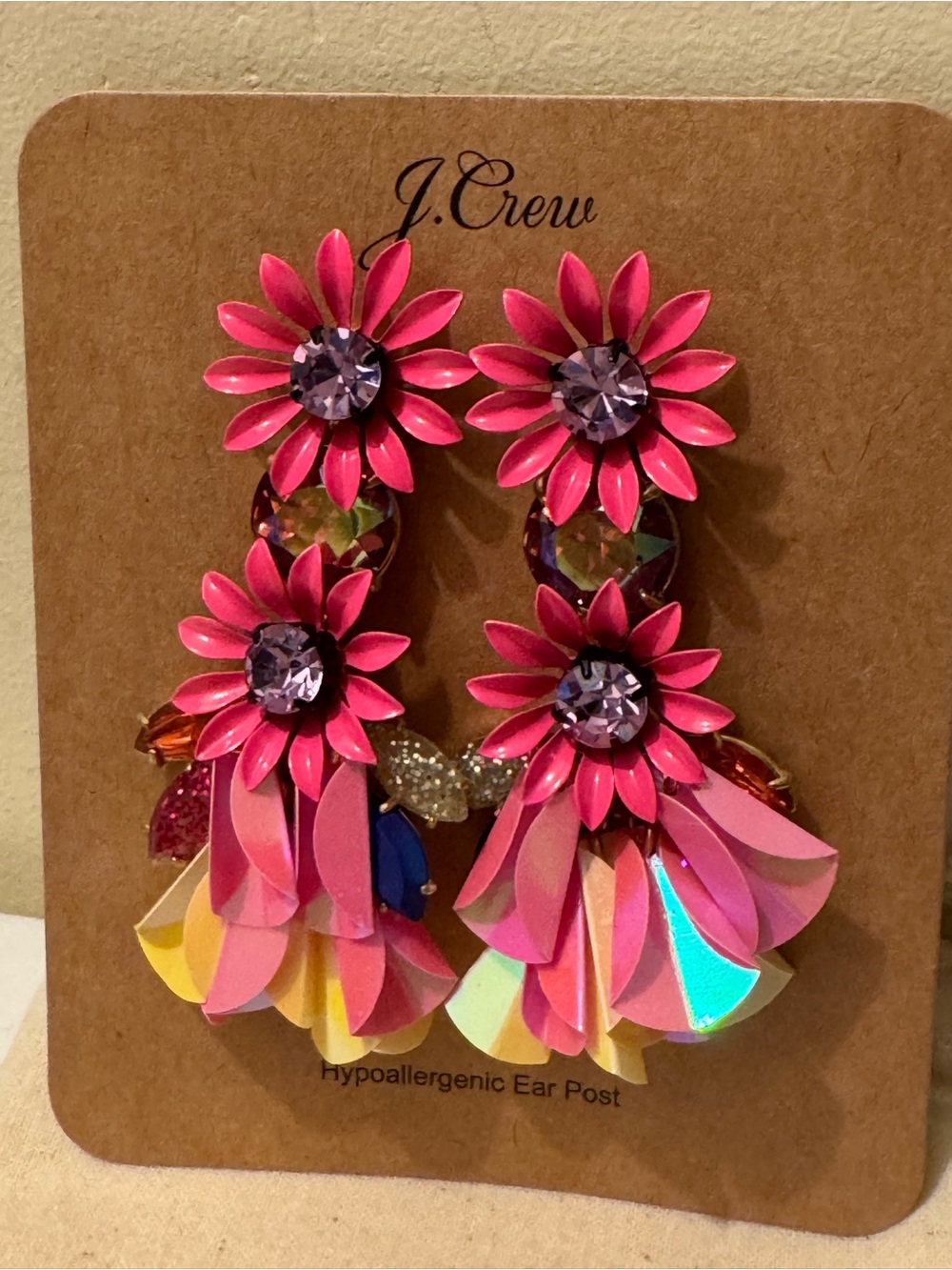 NWT J.Crew Floating Flowers Tassel Drop Statement Earrings Pink Crystals Pouch